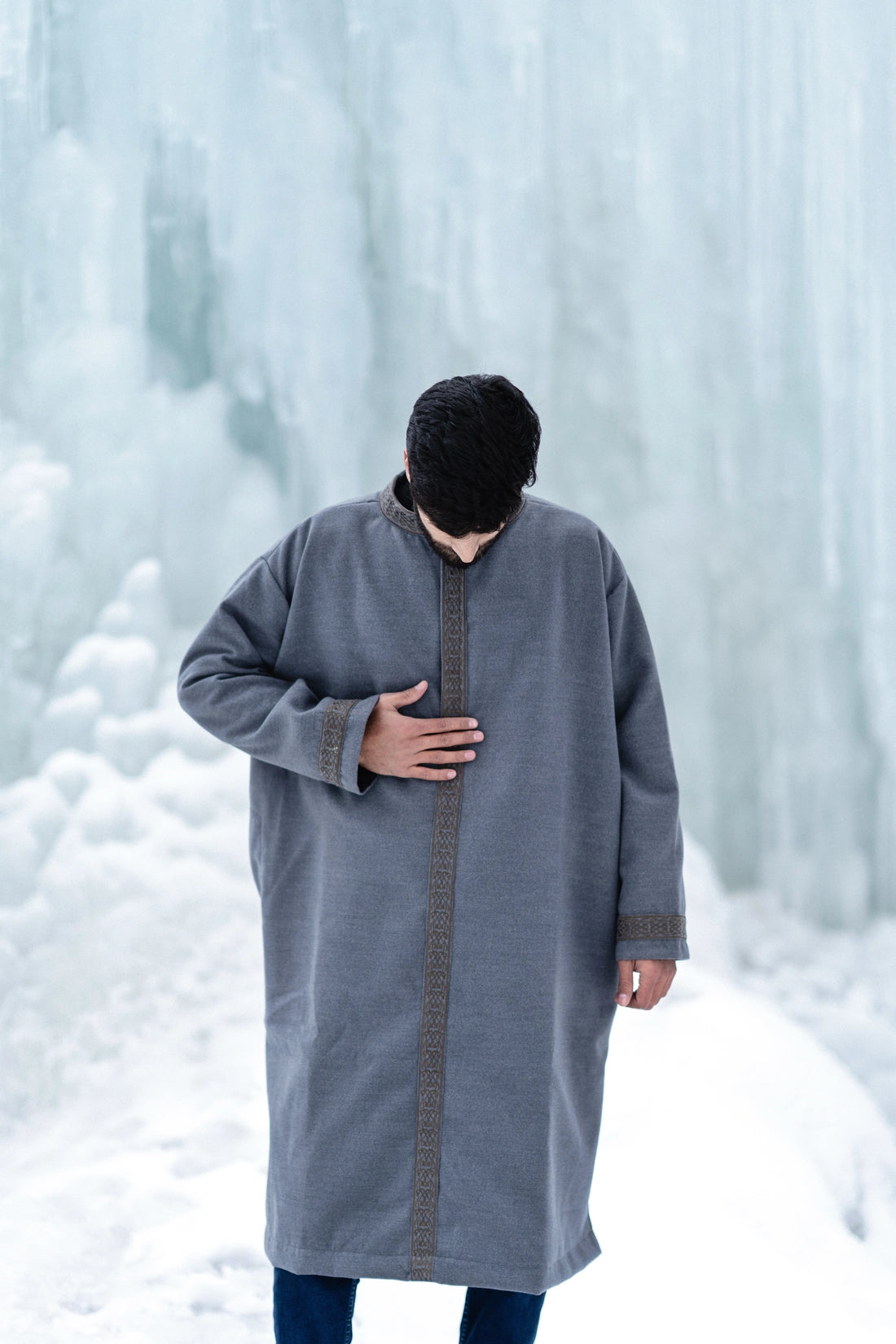 baraqah grey embrioded winter overcoat for men 