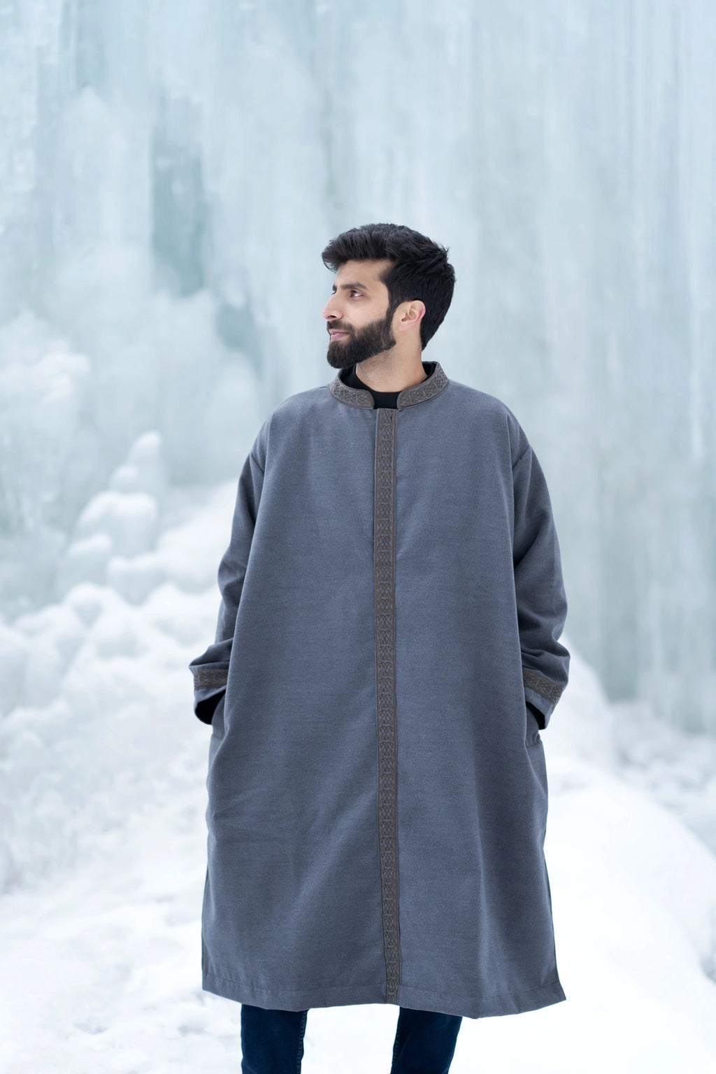 baraqah grey embrioded winter overcoat for men 