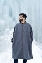 baraqah grey embrioded winter overcoat for men 