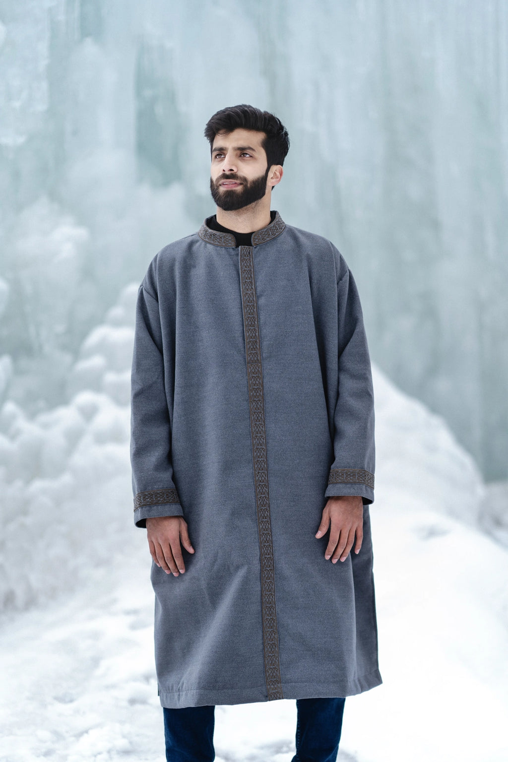baraqah grey embrioded winter overcoat for men 