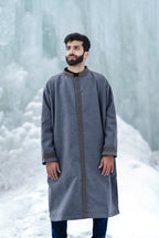 baraqah grey embrioded winter overcoat for men 