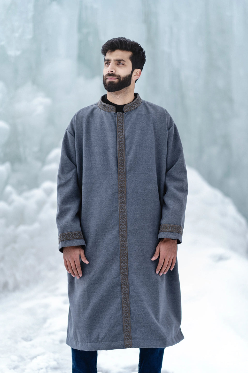 baraqah grey embrioded winter overcoat for men 