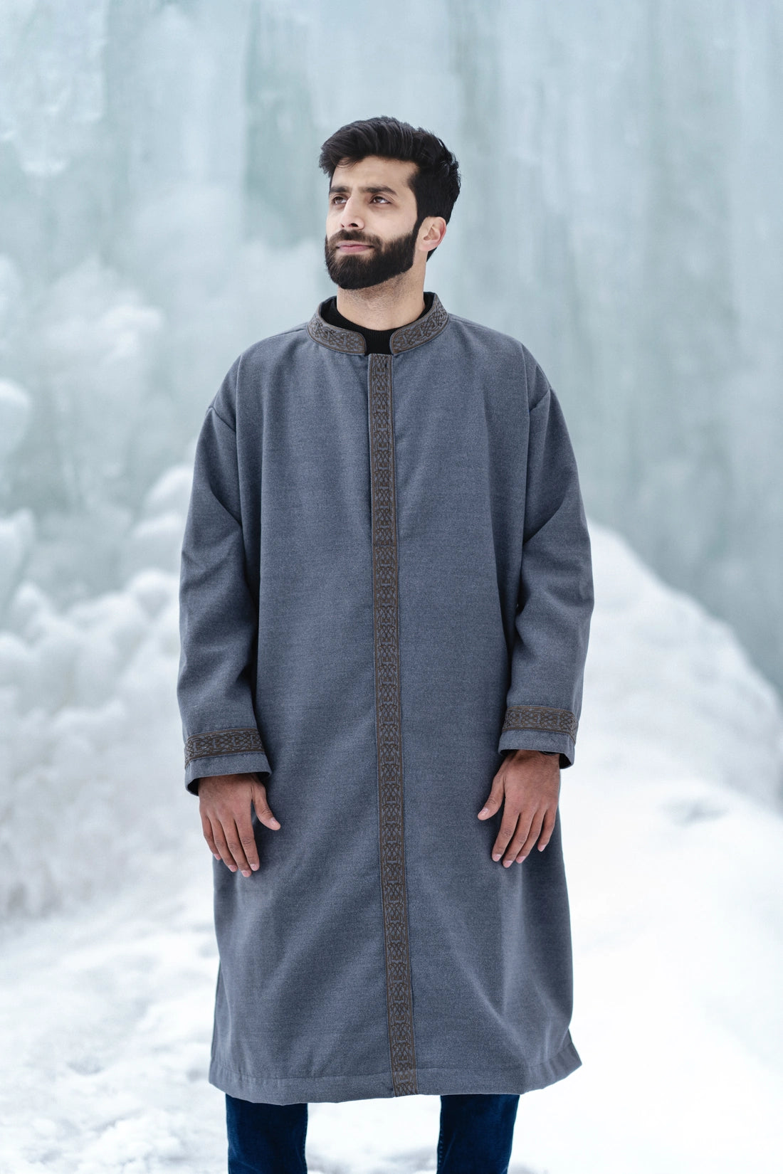 baraqah grey embrioded winter overcoat for men 