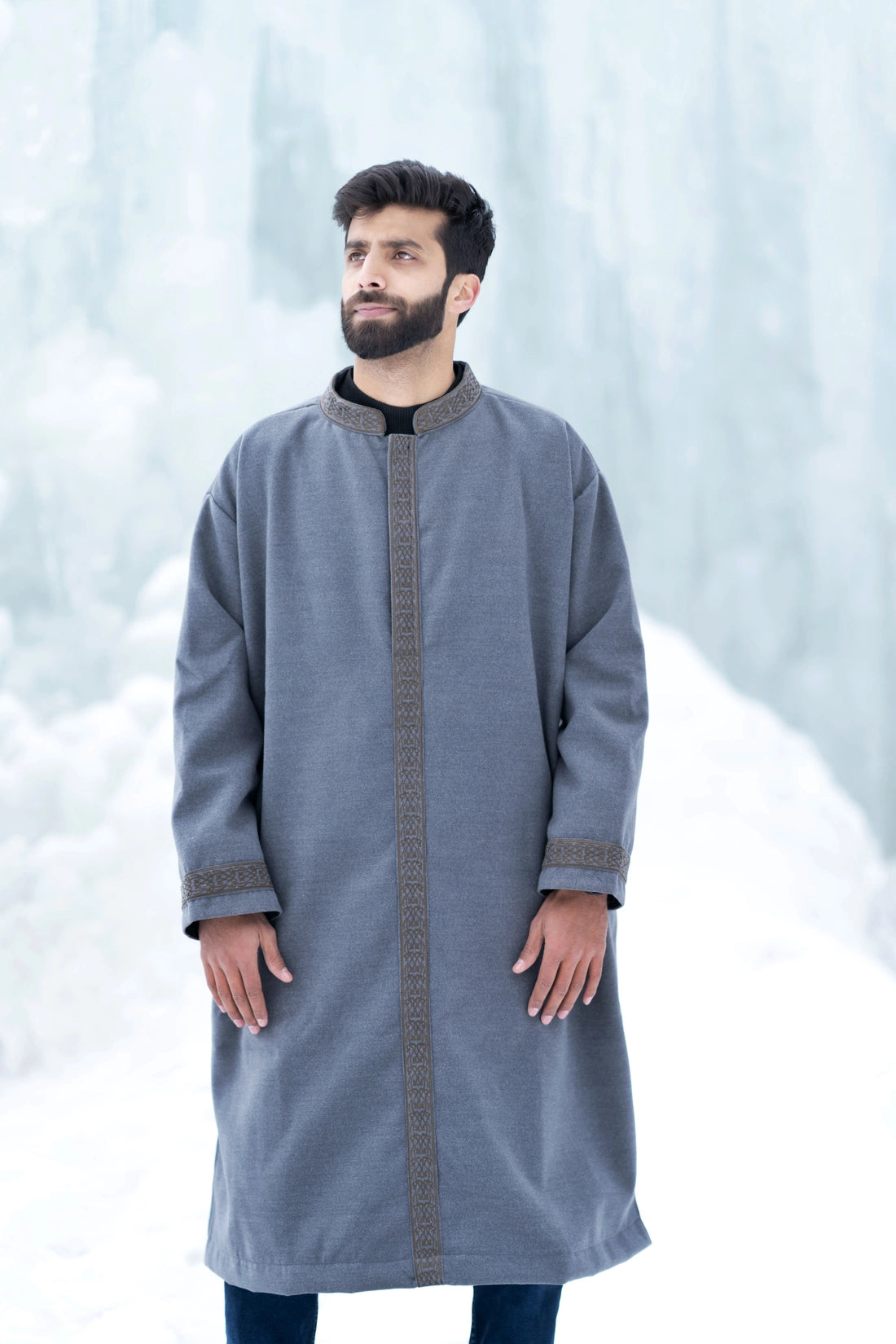 baraqah grey embrioded winter overcoat for men 