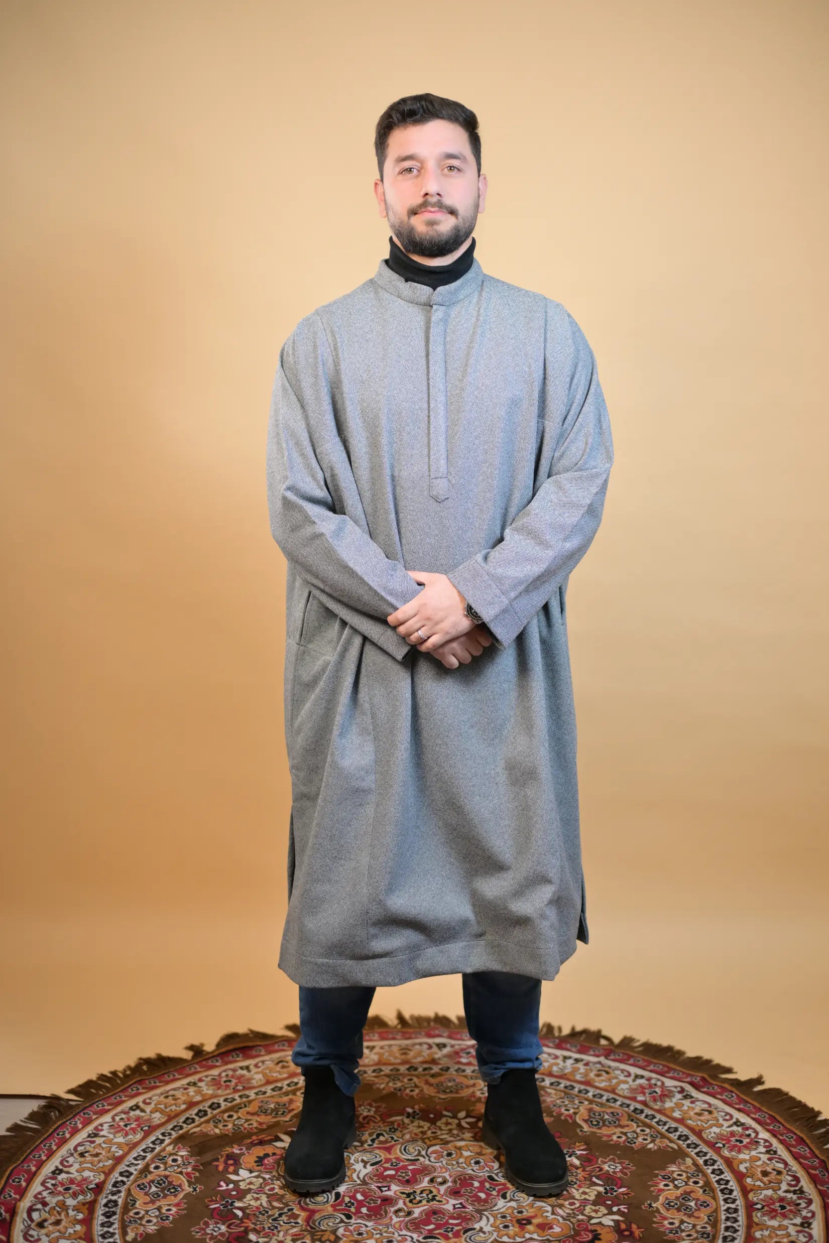 baraqah grey herringbone winter pheran for men 