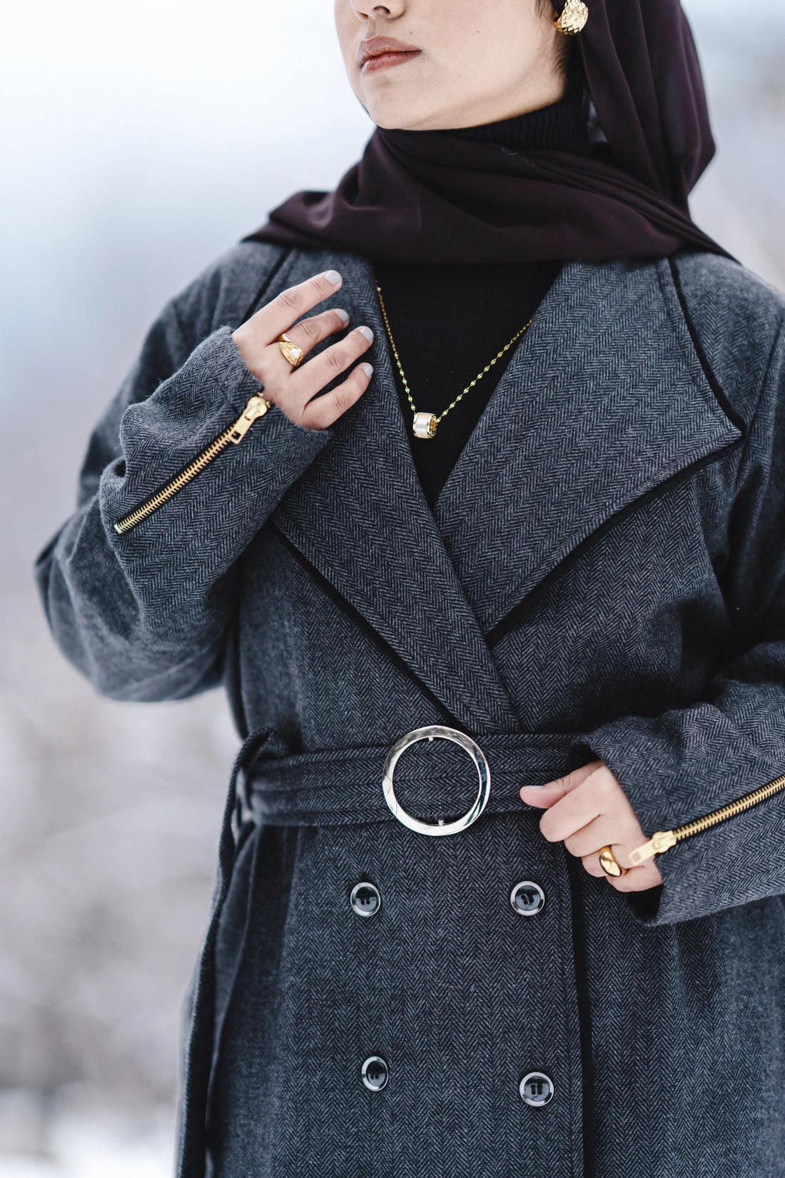 baraqah grey herringbone winter abaya for women 