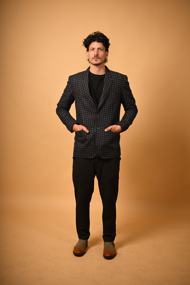 jet black with white micro checks winter blazer for men