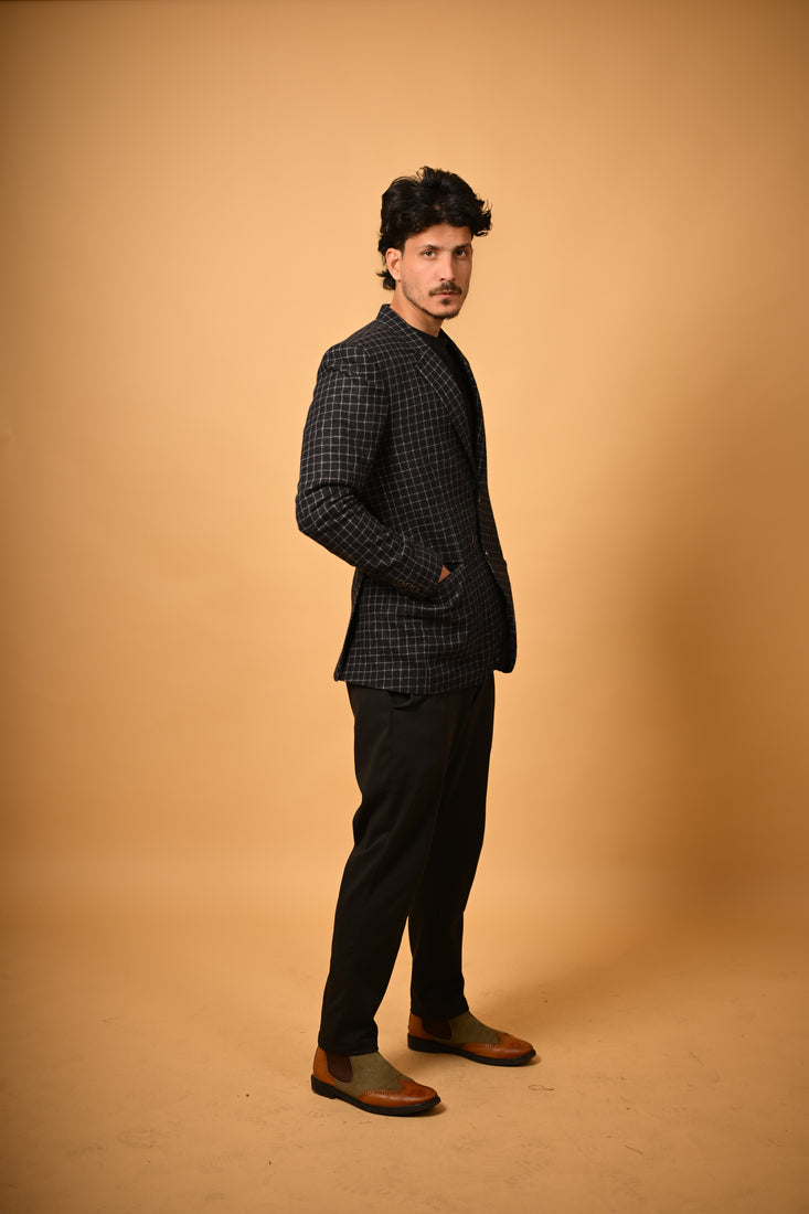 jet black with white micro checks winter blazer for men