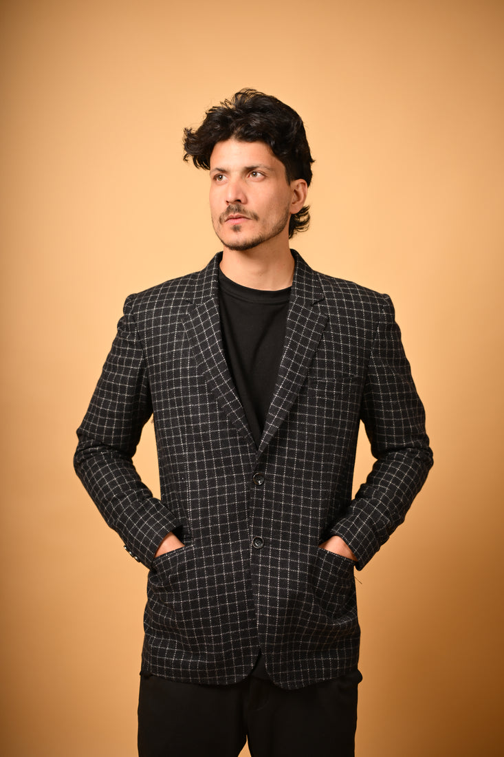 jet black with white micro checks winter blazer for men