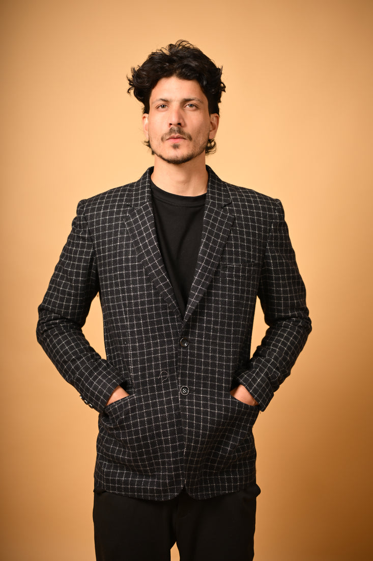 jet black with white micro checks winter blazer for men