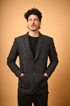 jet black with white micro checks winter blazer for men