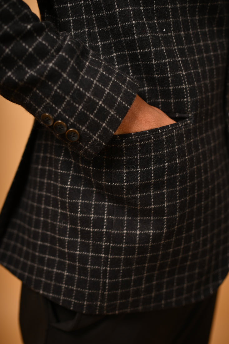 jet black with white micro checks winter blazer for men