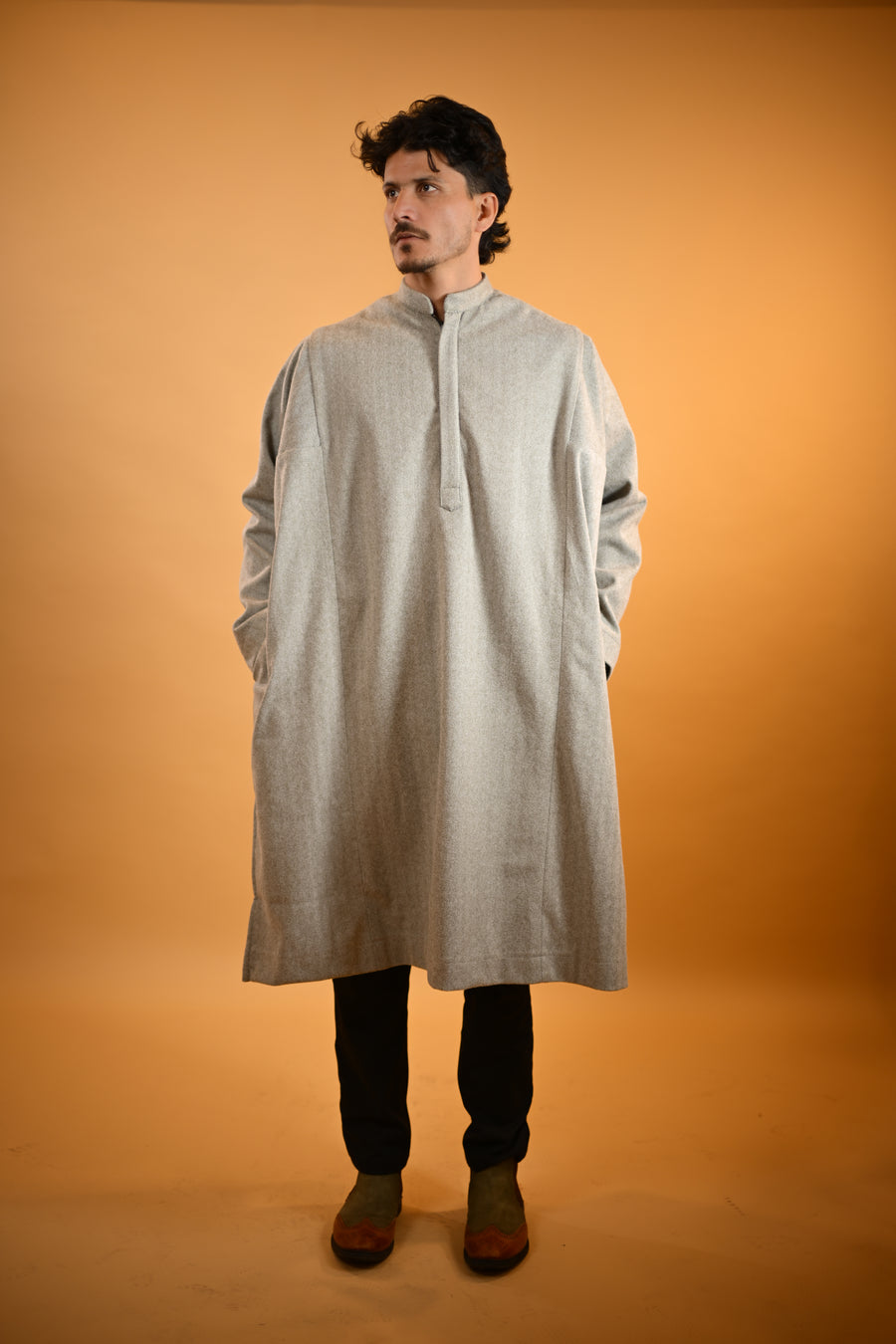 Light Olive Herringbone winter pheran for men 
