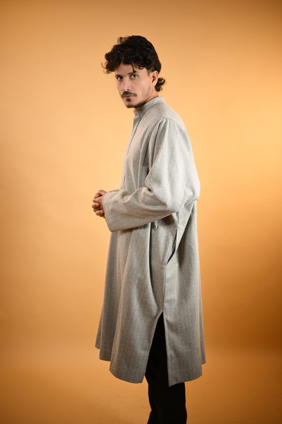 Light Olive Herringbone winter pheran for men 
