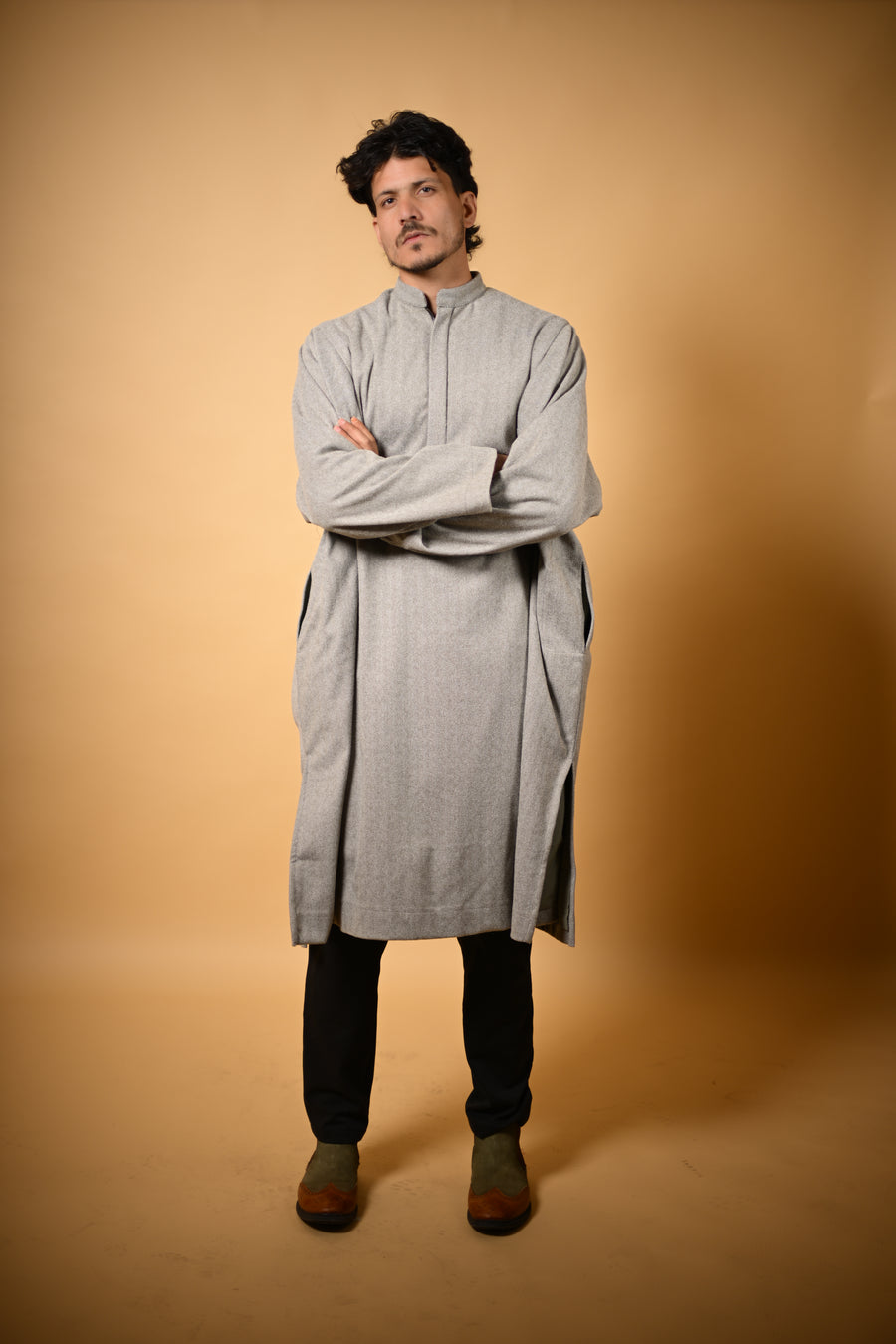 Light Olive Herringbone winter pheran for men 
