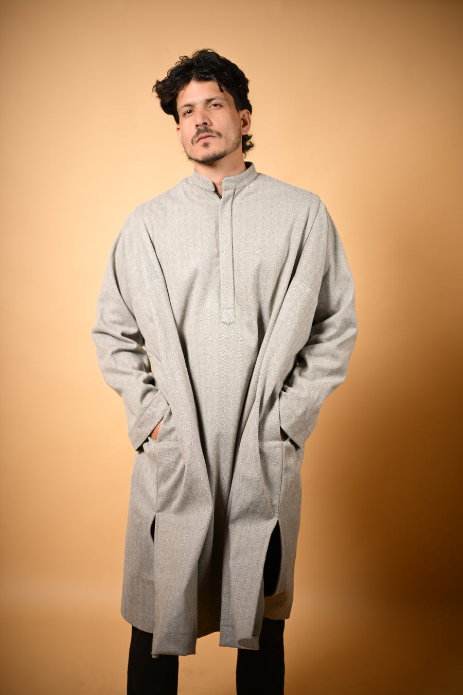 Light Olive Herringbone winter pheran for men 
