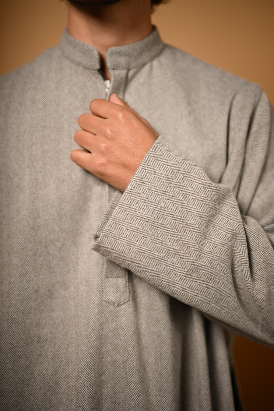 Light Olive Herringbone winter pheran for men 
