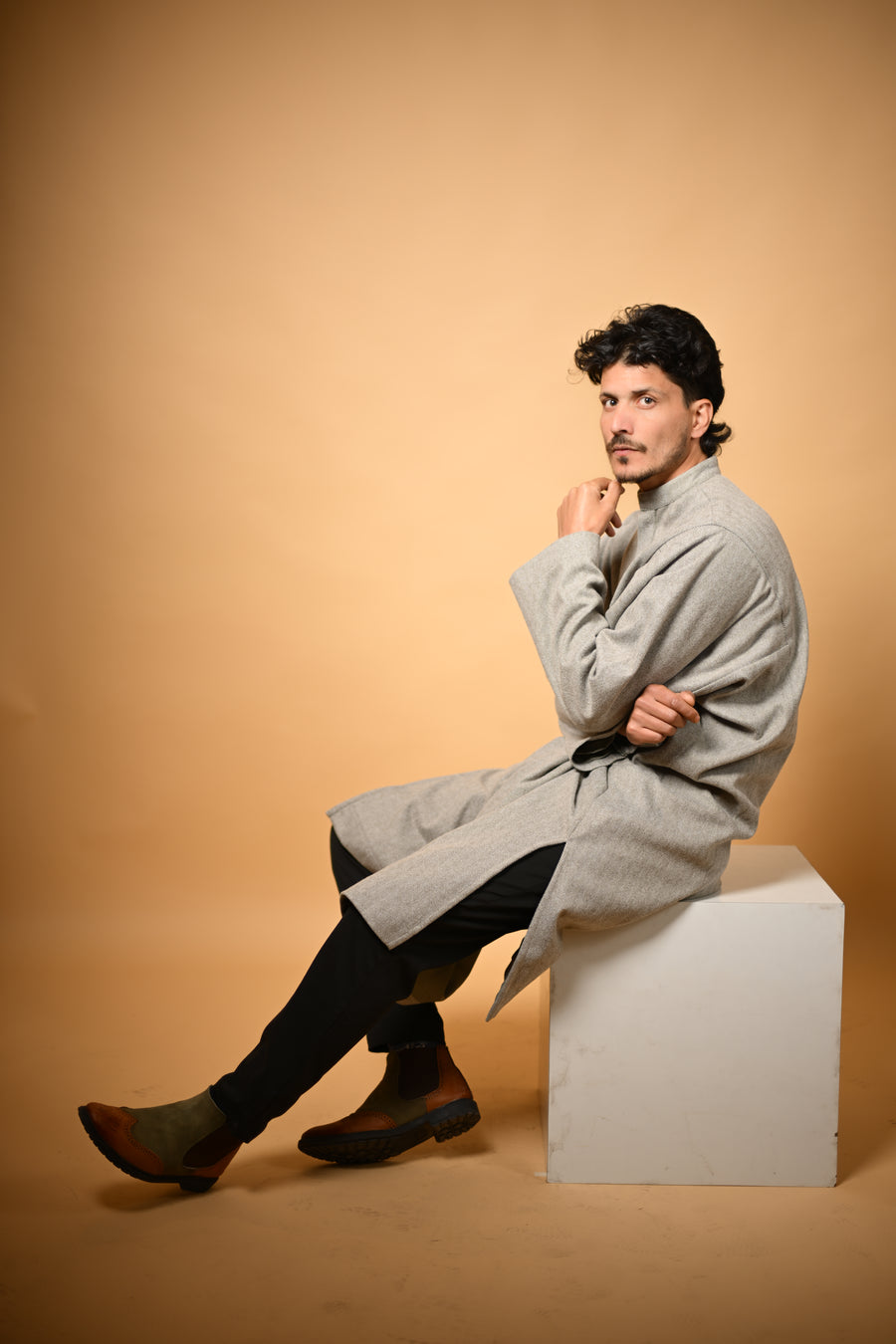Light Olive Herringbone winter pheran for men 
