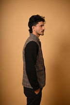 Brown with Black Glen Check Woollen Waistcoat for men
