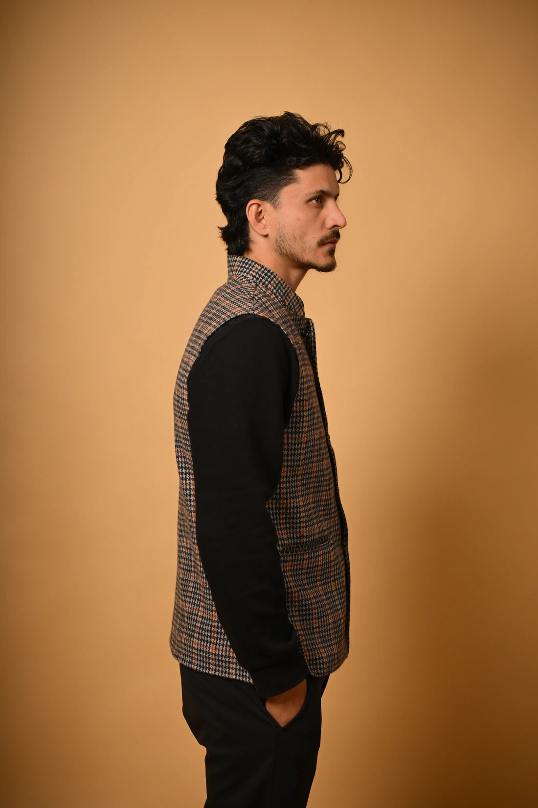 Brown with Black Glen Check Woollen Waistcoat for men
