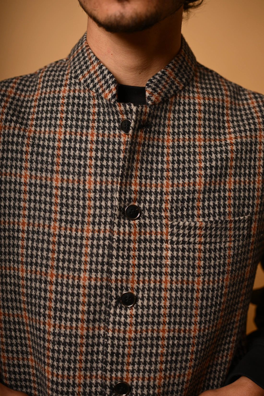Brown with Black Glen Check Woollen Waistcoat for men
