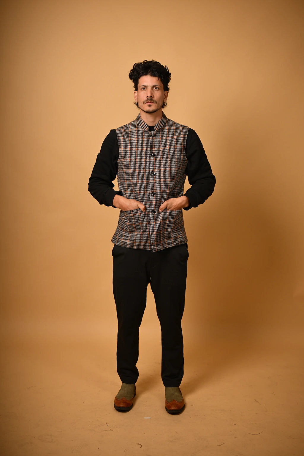 Brown with Black Glen Check Woollen Waistcoat for men

