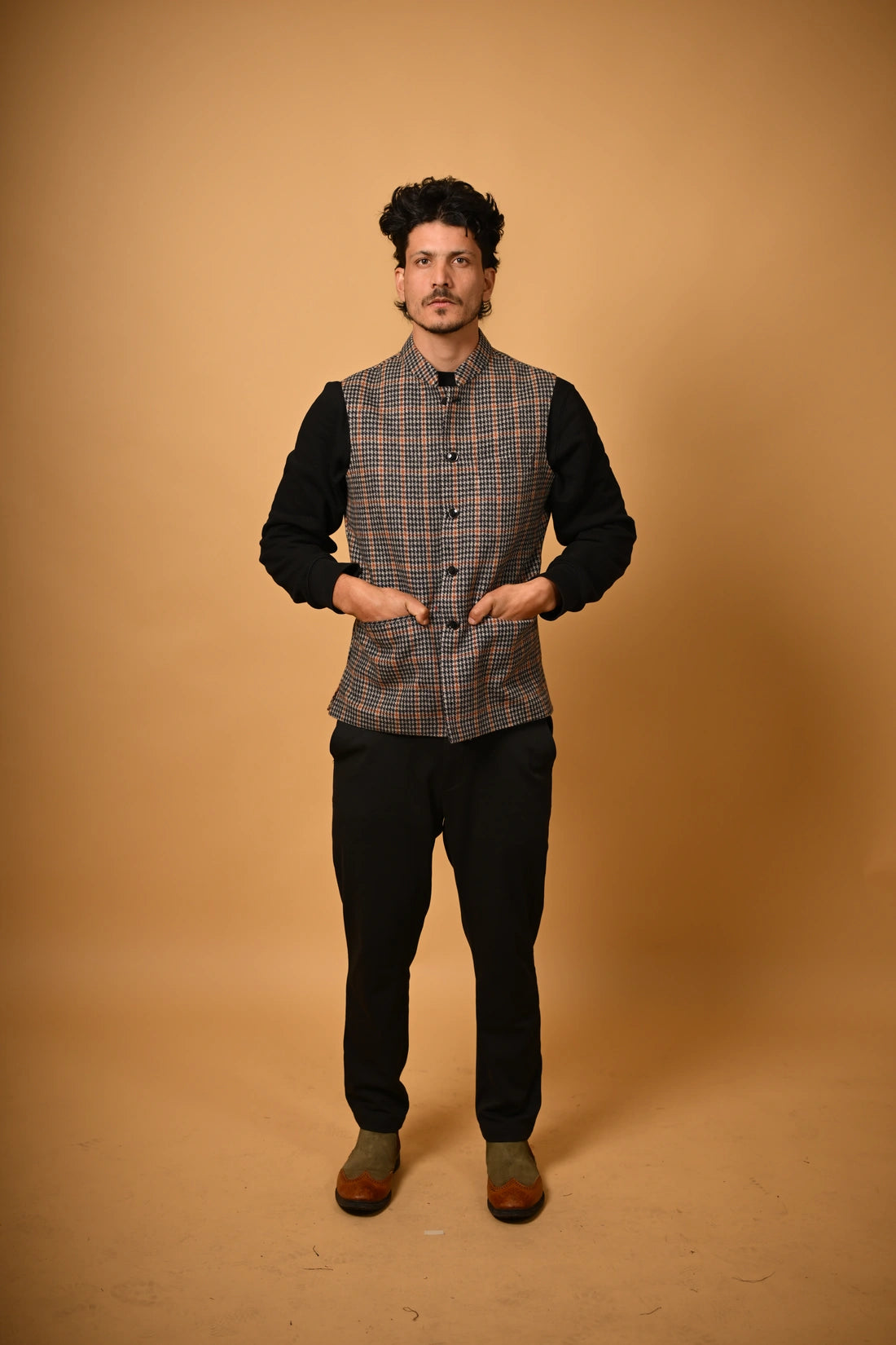 Brown with Black Glen Check Woollen Waistcoat for men
