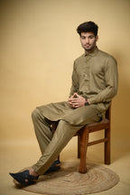 Olive Green Luma Shirt Collar Kameez Shalwar