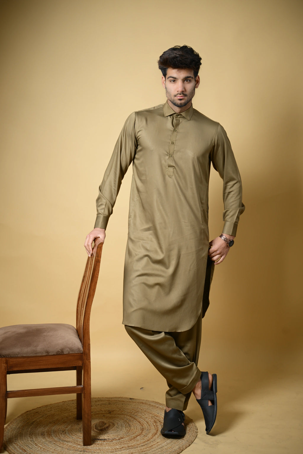 Olive Green Luma Shirt Collar Kameez Shalwar