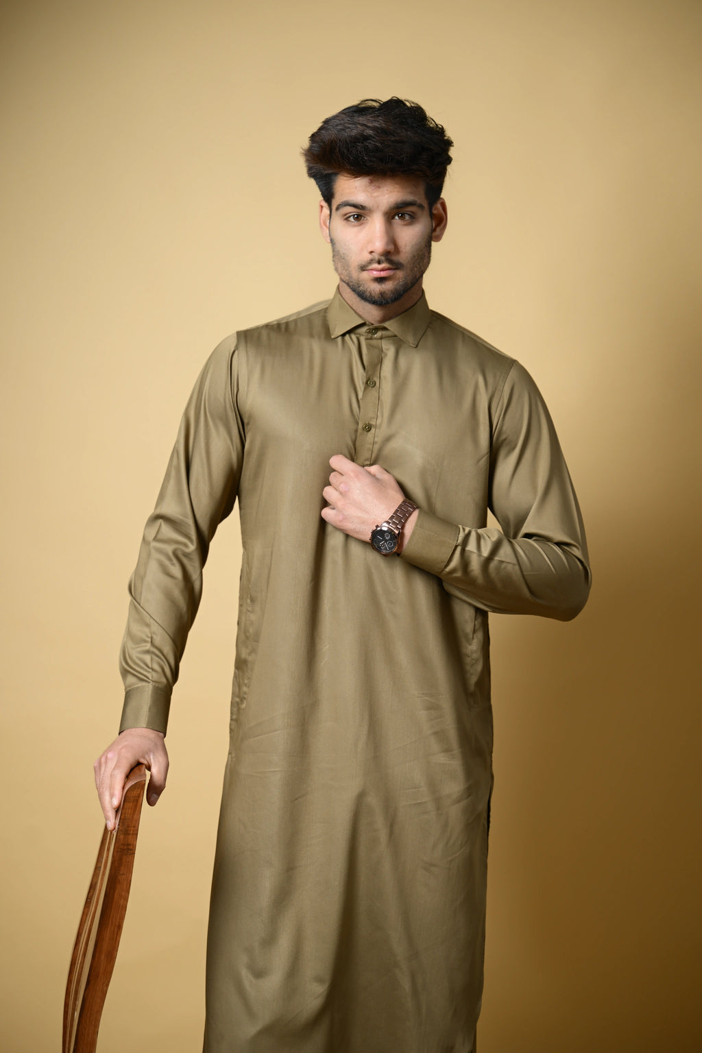 Olive Green Luma Shirt Collar Kameez Shalwar