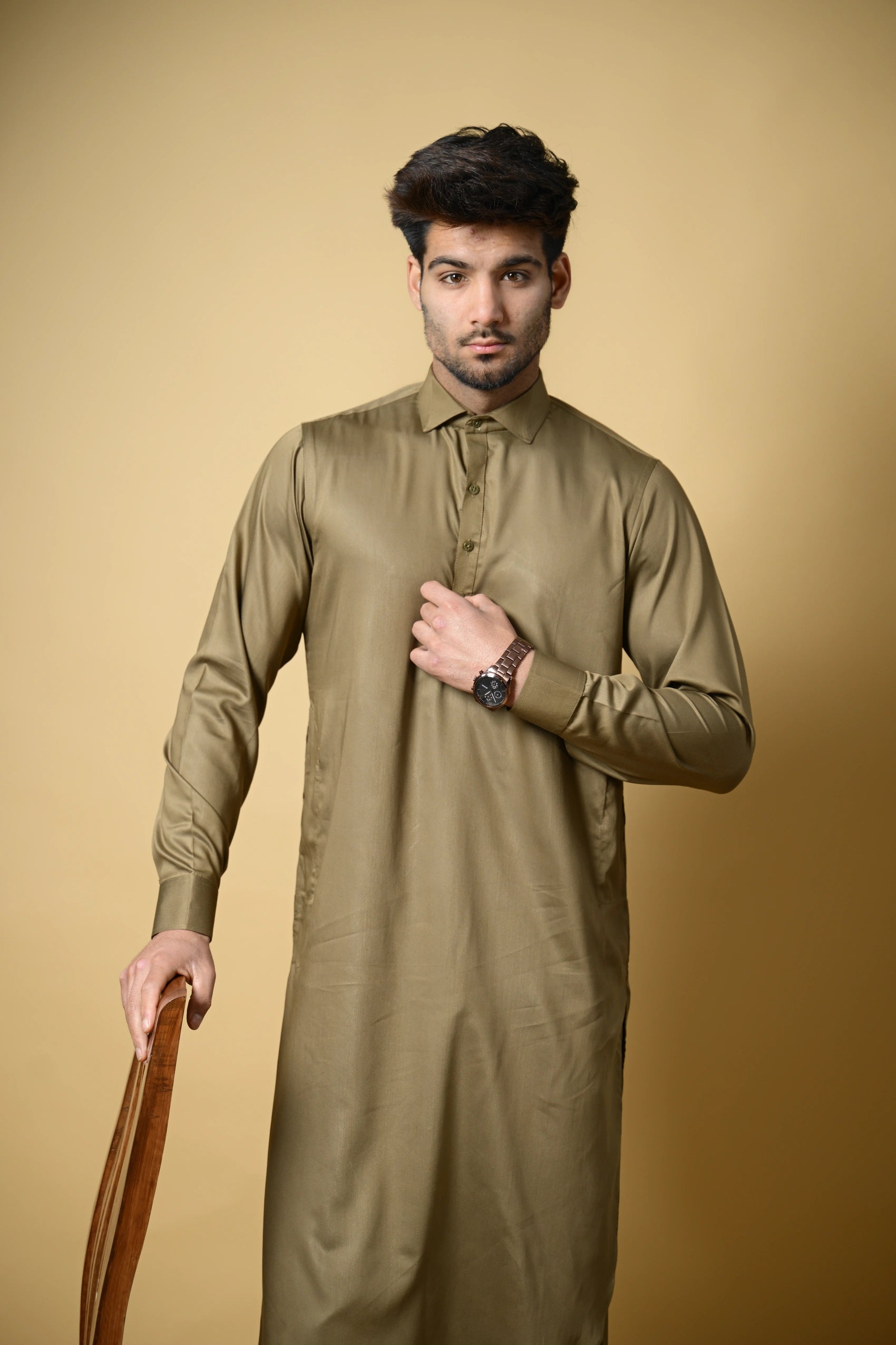 Olive Green Luma Shirt Collar Kameez Shalwar