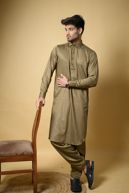 Olive Green Luma Shirt Collar Kameez Shalwar