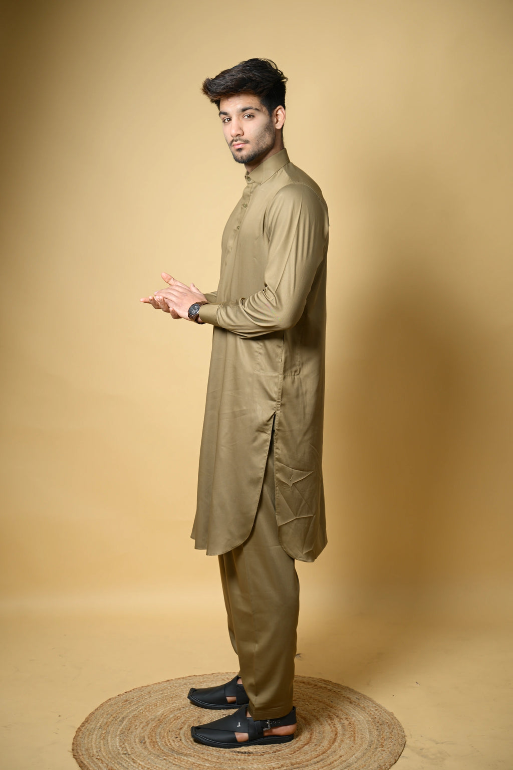 Olive Green Luma Shirt Collar Kameez Shalwar
