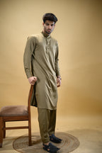 Olive Green Luma Mandarin Collar Kameez Shalwar