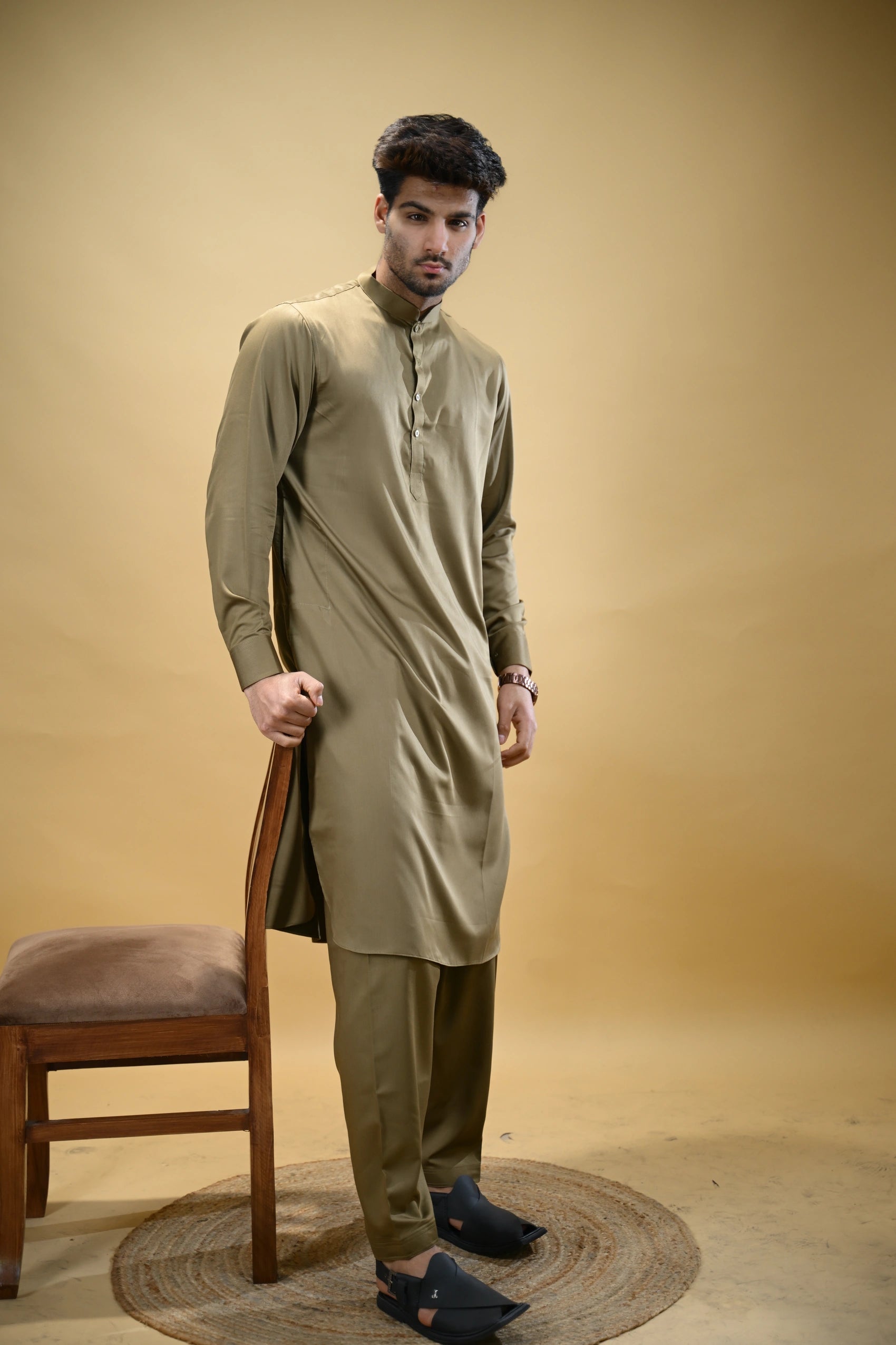 Olive Green Luma Mandarin Collar Kameez Shalwar