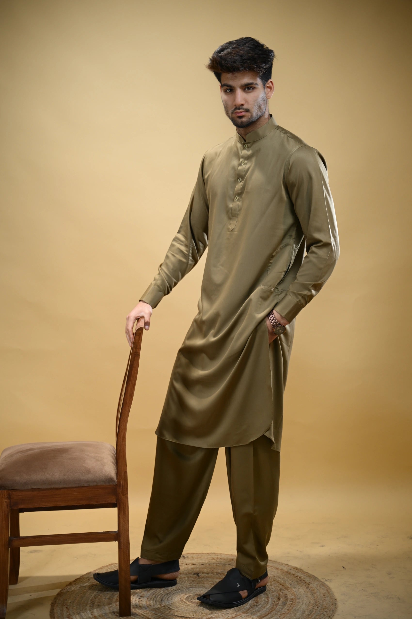 Olive Green Luma Mandarin Collar Kameez Shalwar