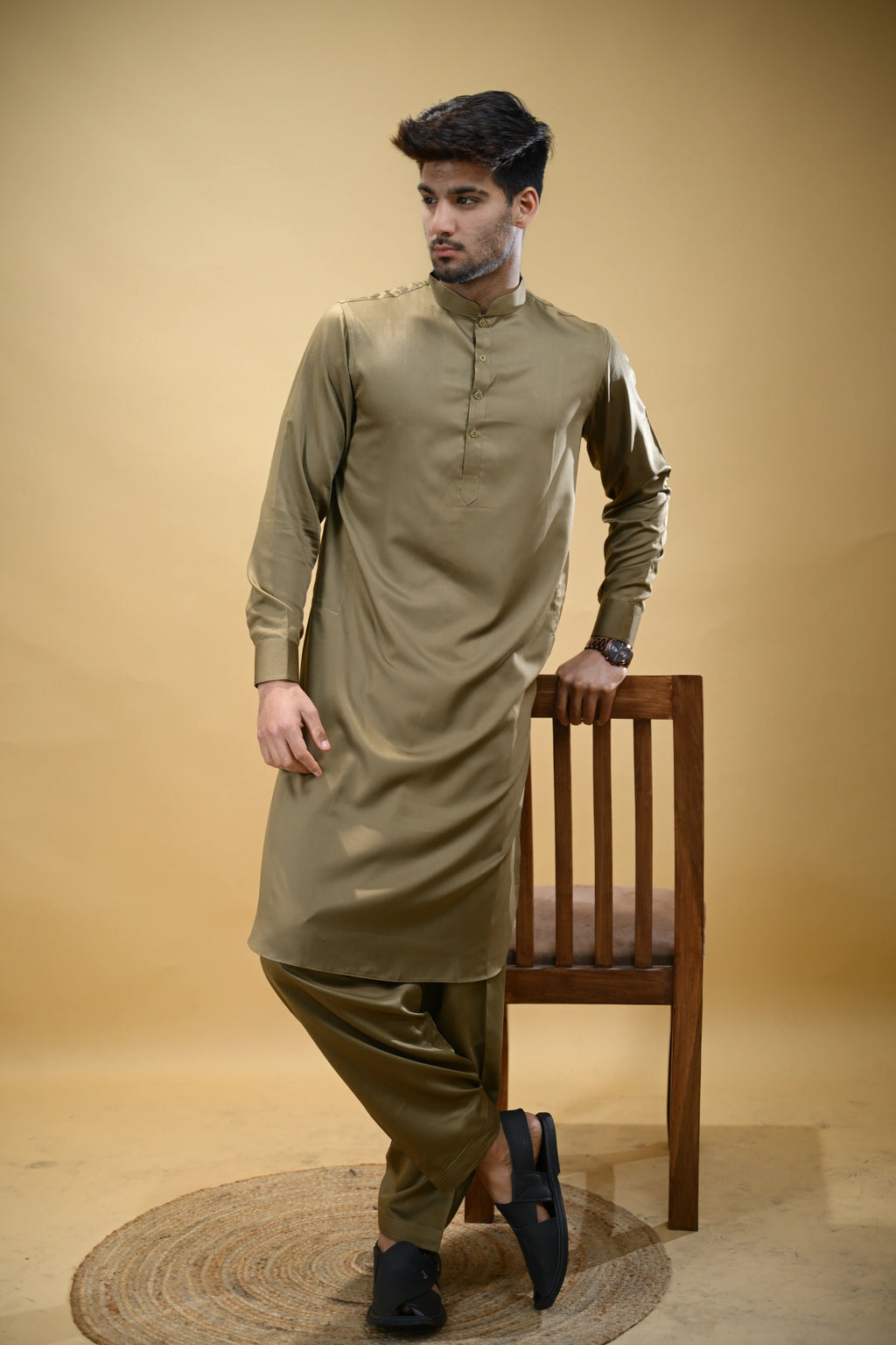 Olive Green Luma Mandarin Collar Kameez Shalwar