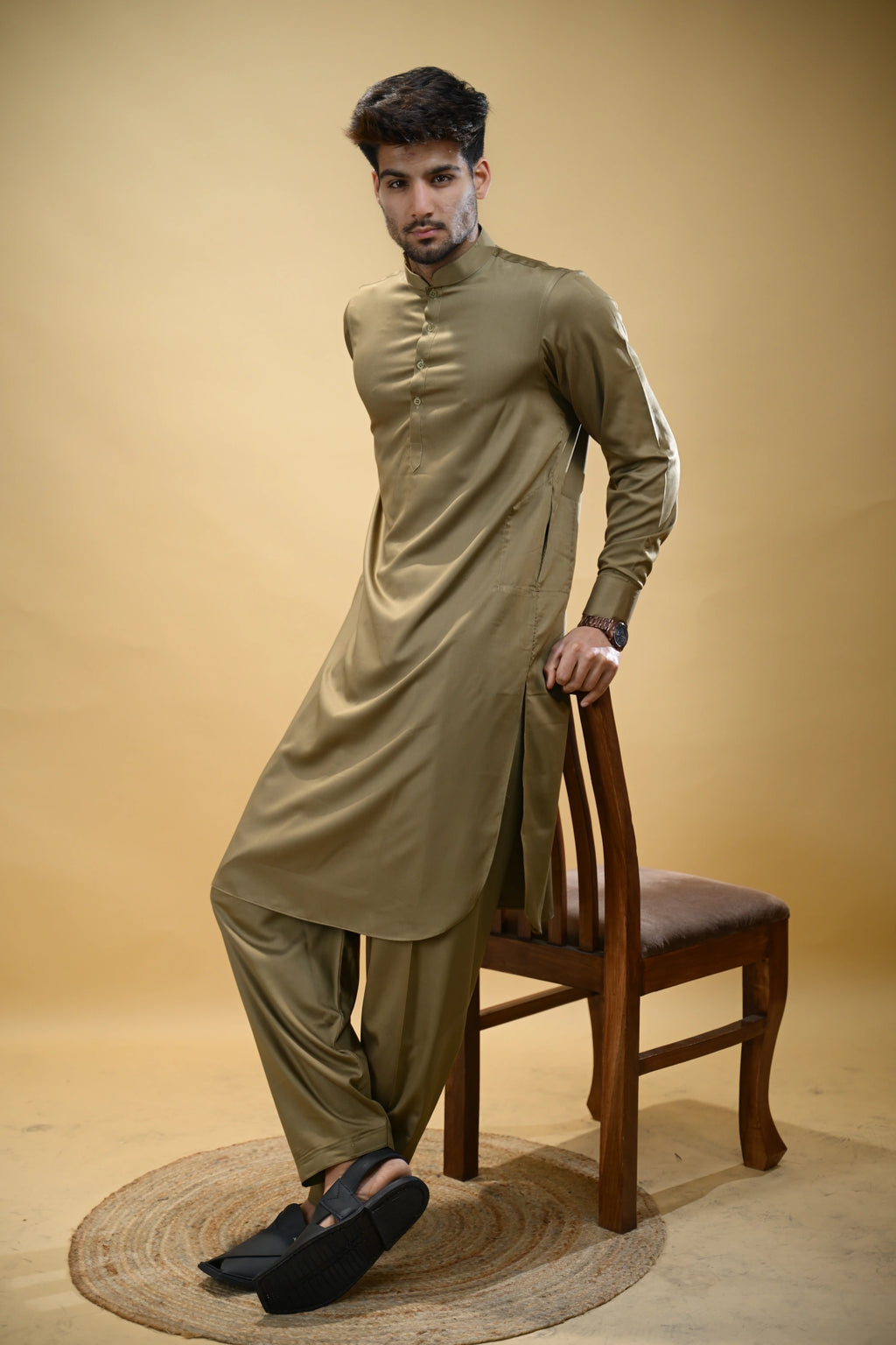 Olive Green Luma Mandarin Collar Kameez Shalwar