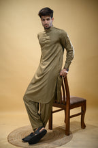 Olive Green Luma Mandarin Collar Kameez Shalwar
