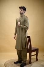 Olive Green Luma Mandarin Collar Kameez Shalwar