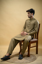 Olive Green Luma Mandarin Collar Kameez Shalwar