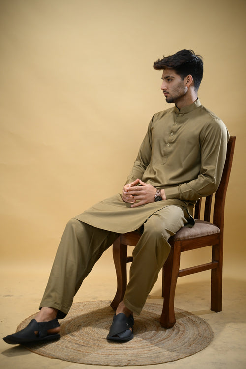 Olive Green Luma Mandarin Collar Kameez Shalwar