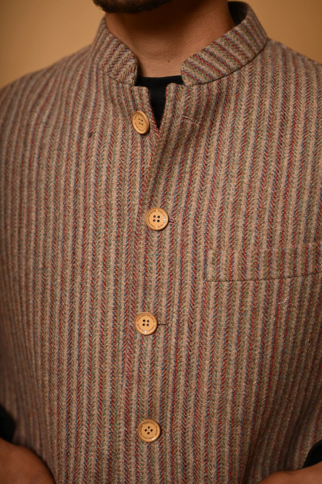 Warm Beige with Brown Pinstripes Woollen Waistcoat
