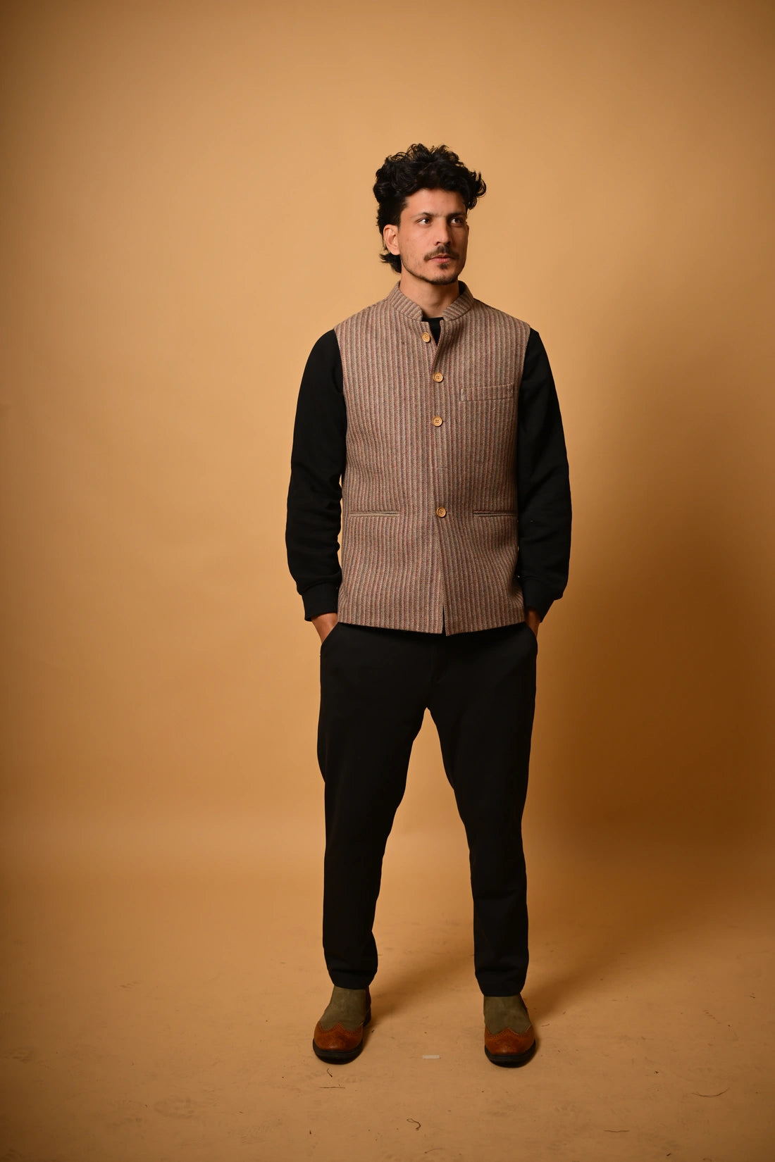 Warm Beige with Brown Pinstripes Woollen Waistcoat for men
