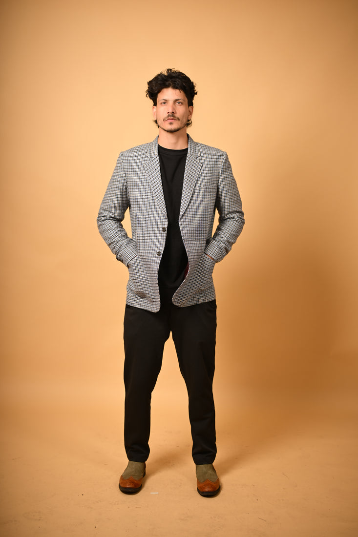 sky blue black mini checks winter blazer for men
