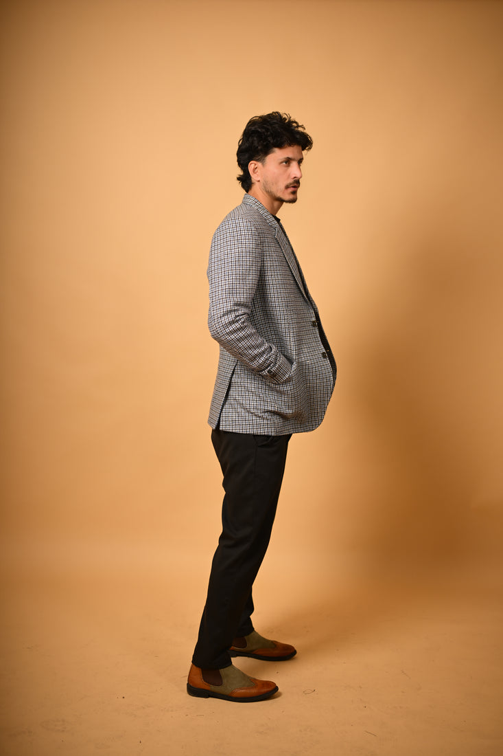sky blue black mini checks winter blazer for men