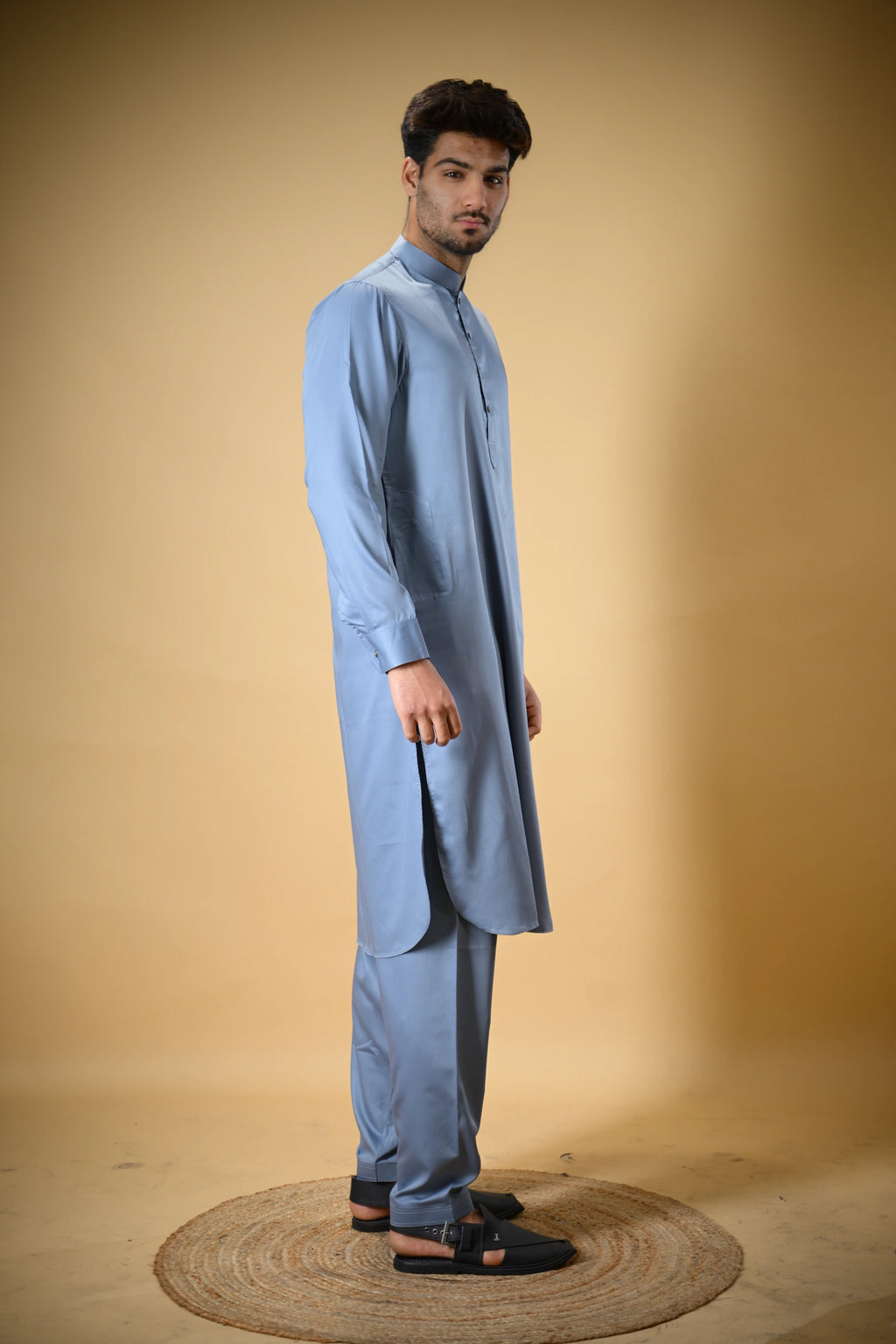 Slate Blue Luma Mandarin Collar Kameez Shalwar