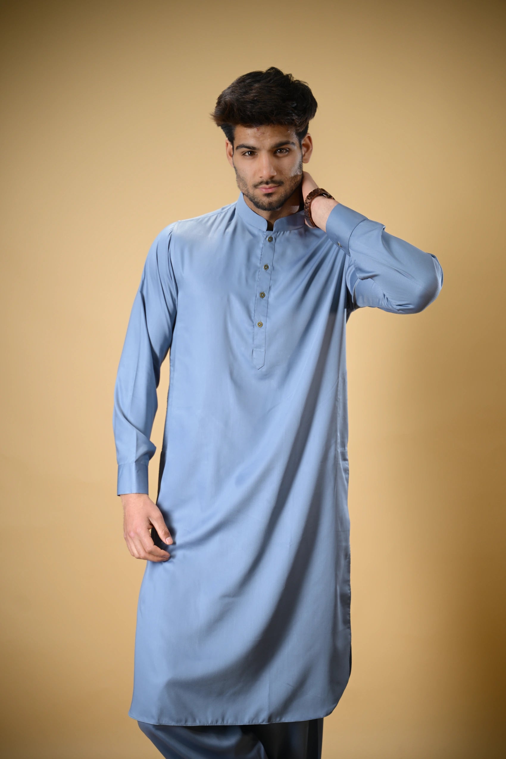 Slate Blue Luma Mandarin Collar Kameez Shalwar