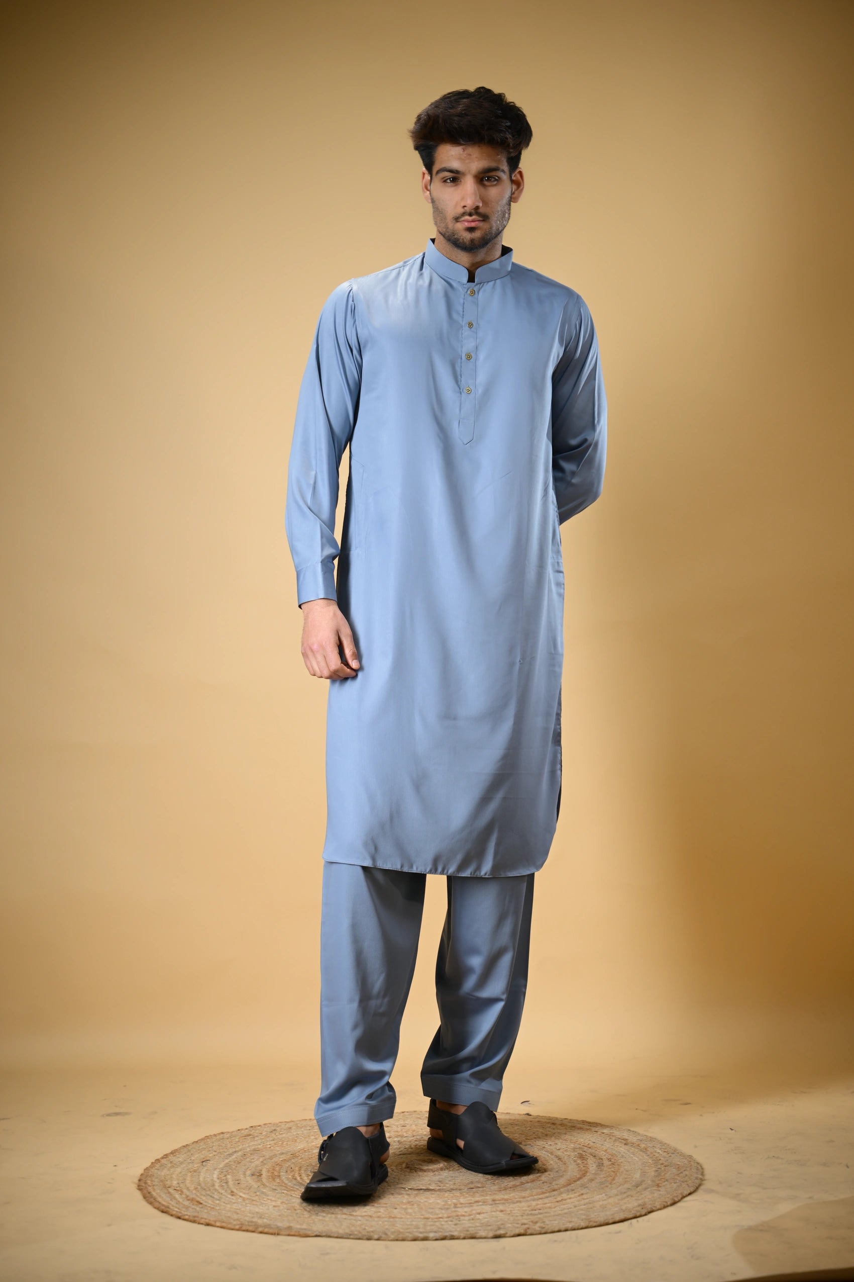 Slate Blue Luma Mandarin Collar Kameez Shalwar