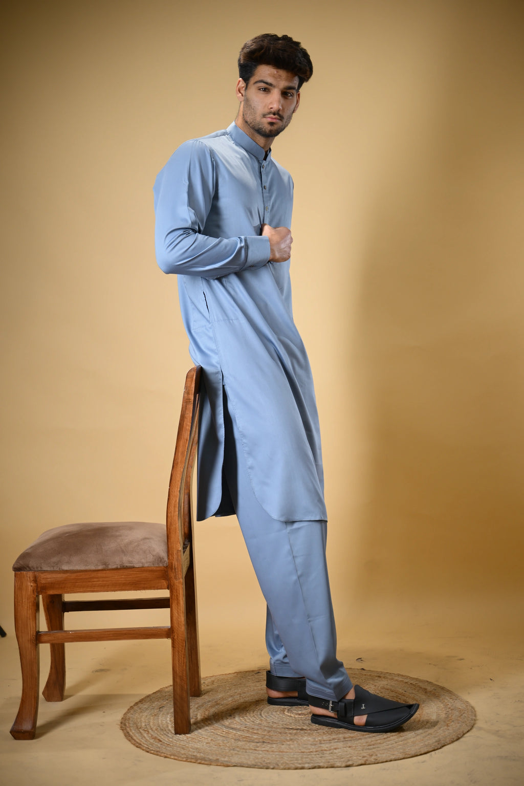 Slate Blue Luma Mandarin Collar Kameez Shalwar